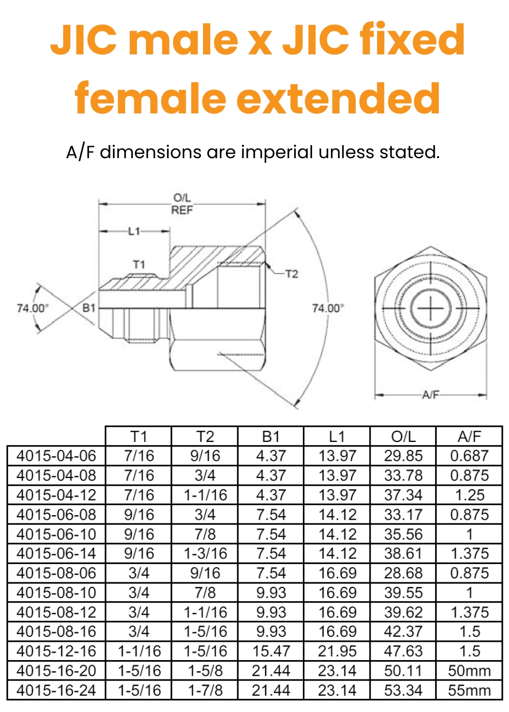 7/16 JIC x 9/16 JIC M/Fix Fem Ext Hydraulic Adaptor